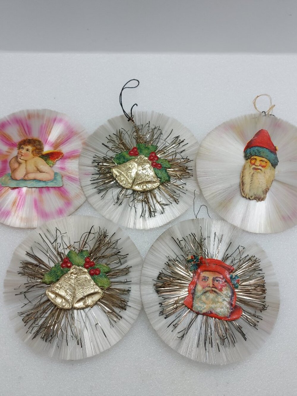 5 Antique Vintage Spun Glass Christmas Ornaments Scrap Die Cut Double Sided